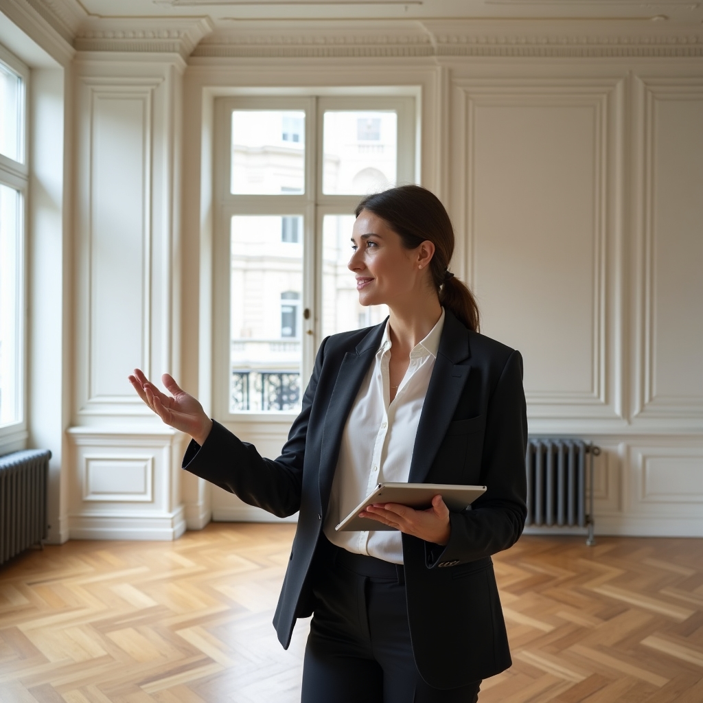 Agente immobiliare che mostra appartamento sgomberato a potenziale acquirente